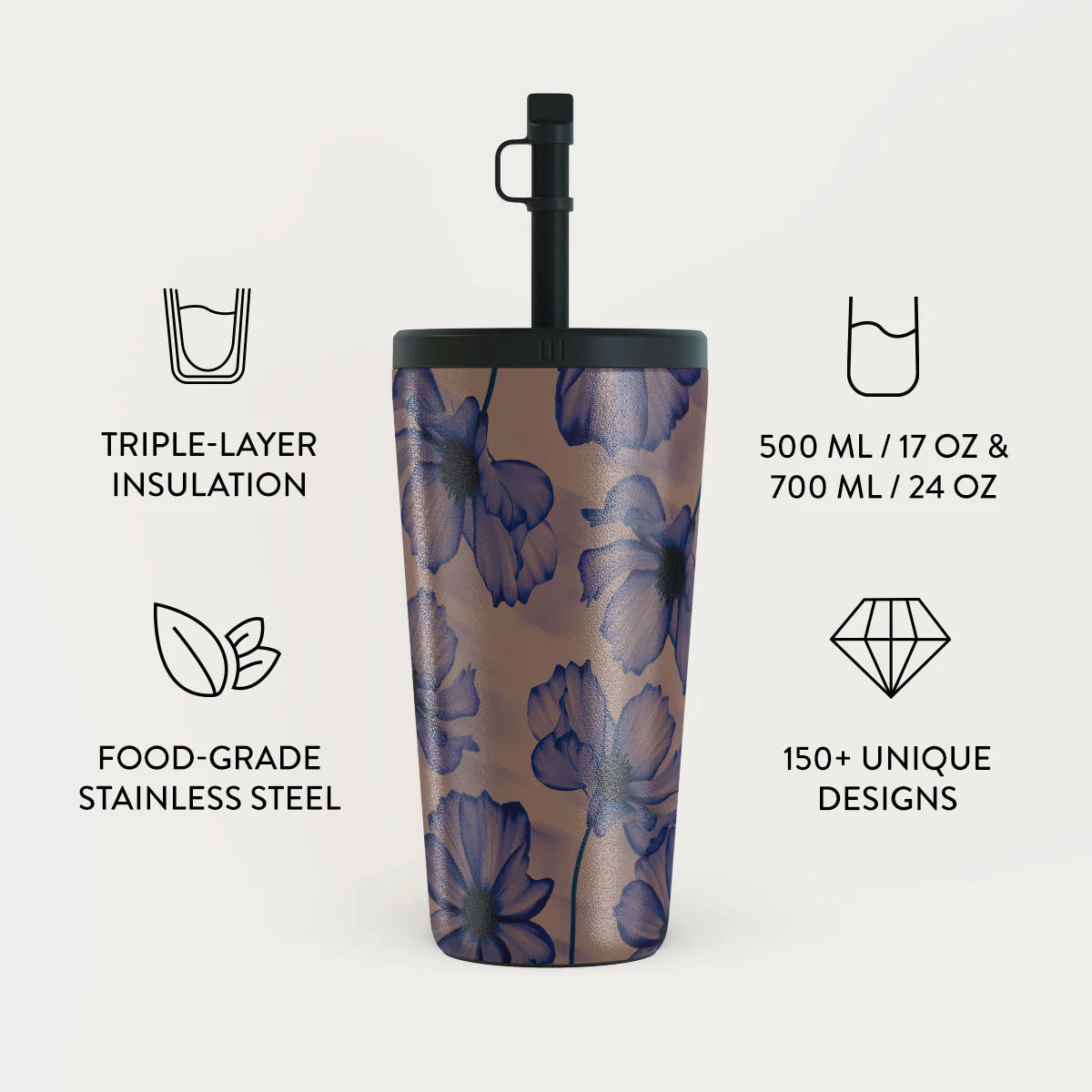 Burga Κούπα θερμός από Ανοξείδωτο Ατσάλι με καλαμάκι - 500ml - Velvet Night