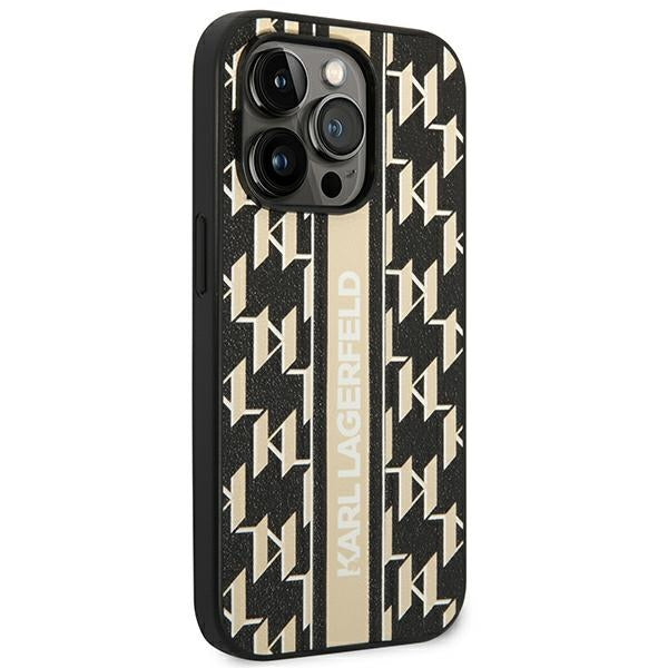 Karl Lagerfeld iPhone 14 Pro - Monogram Stripe Σκληρή Θήκη με Επένδυση Συνθετικού Δέρματος και Πλαίσιο Σιλικόνης - Brown - KLHCP14LPGKLSKW