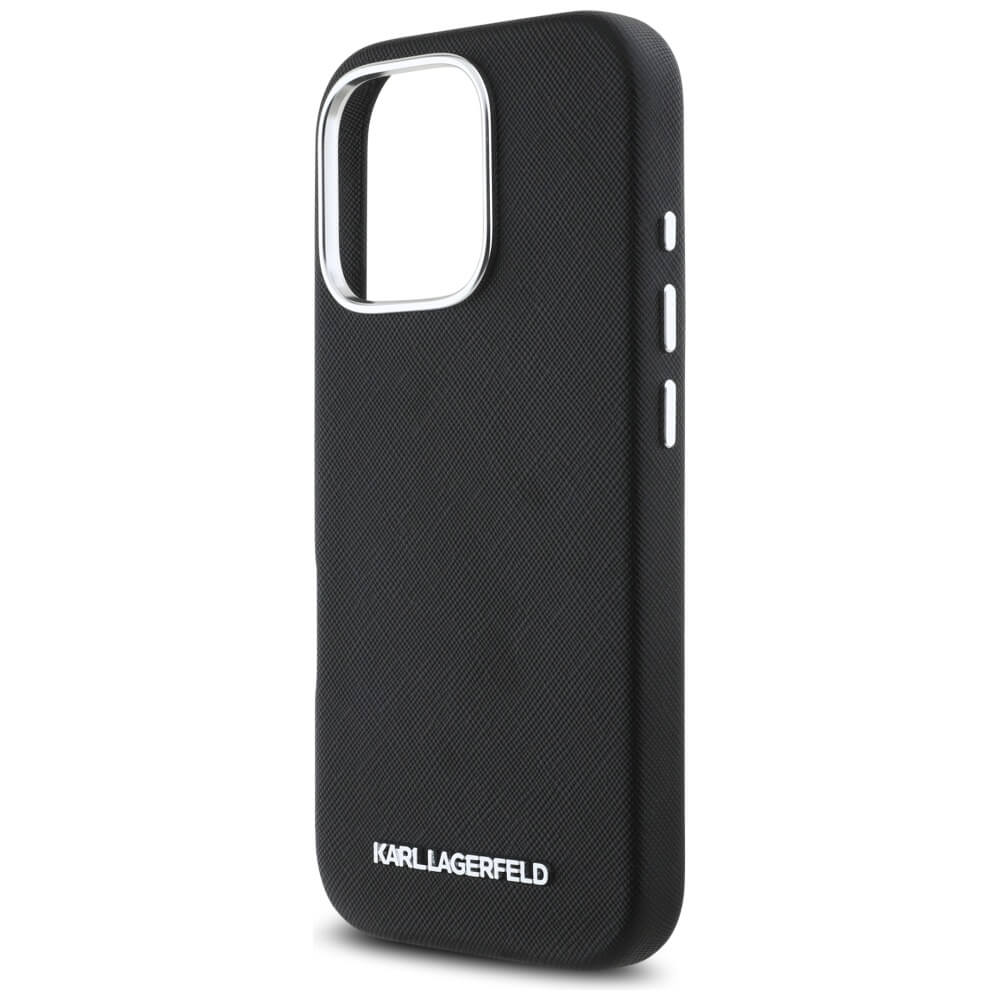 Karl Lagerfeld iPhone 16 Pro - Saffiano Full Wrapped Elongated Metal Logo - MagSafe Σκληρή Θήκη με Επένδυση Συνθετικού Δέρματος και Πλαίσιο Σιλικόνης - Black - KLHMP16LPSAFWMCK