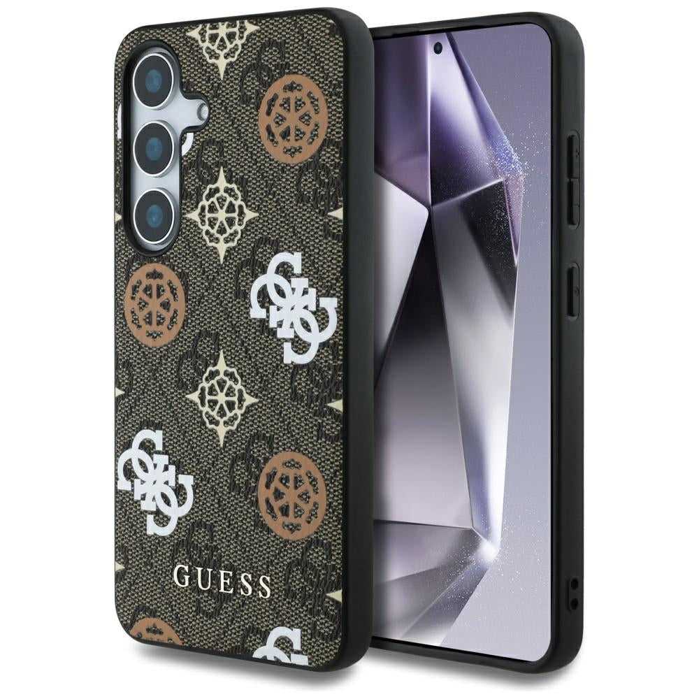 Guess Samsung Galaxy S25 - 4G Printed Colored Peony Pattern - MagSafe Θήκη με Επένδυση Συνθετικού Δέρματος - Brown - GUHMS25SP4PWPW