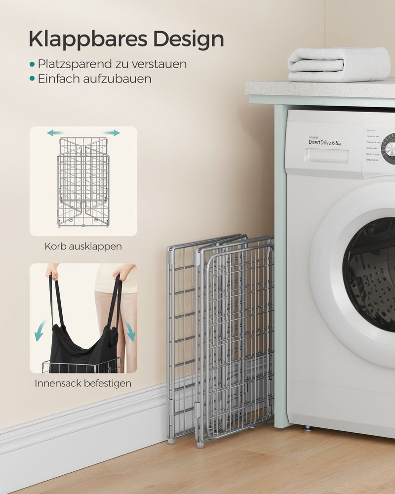 Songmics Καλάθι Απλύτων με Μεταλλικό Πλαίσιο - 50L - Silver / Black - LCB150B01