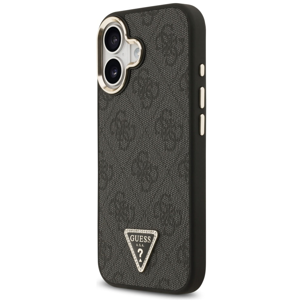 Guess iPhone 17 - 4G Triangle Strass Logo MagSafe - Σκληρή Θήκη με Επένδυση Συνθετικού Δέρματος - Black / Gold - GUHMP17SP4GTDGMK