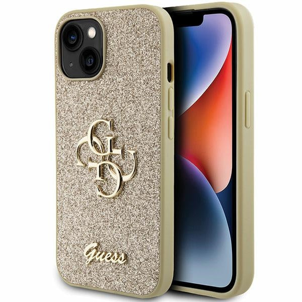 Guess iPhone 15 Plus Glitter Script Big 4G Σκληρή Θήκη με Πλαίσιο Σιλικόνης - Gold - GUHCP15MHG4SGD