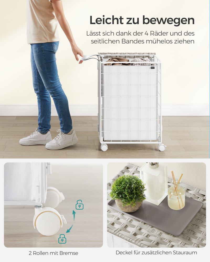 Songmics Τροχήλατο Αναδιπλούμενο Καλάθι Απλύτων με Καπάκι - 90L - Cloud White - LCB290W01