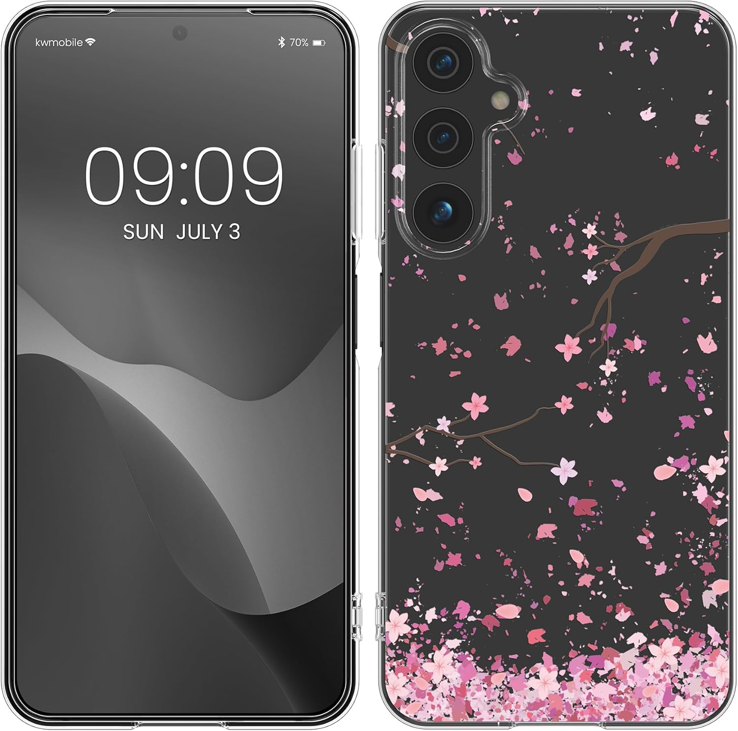 KW Samsung Galaxy A15 4G / A15 5G Λεπτή Θήκη Σιλικόνης TPU - Design Cherry Blossom Petals - Pink / Dark Brown / Διάφανη