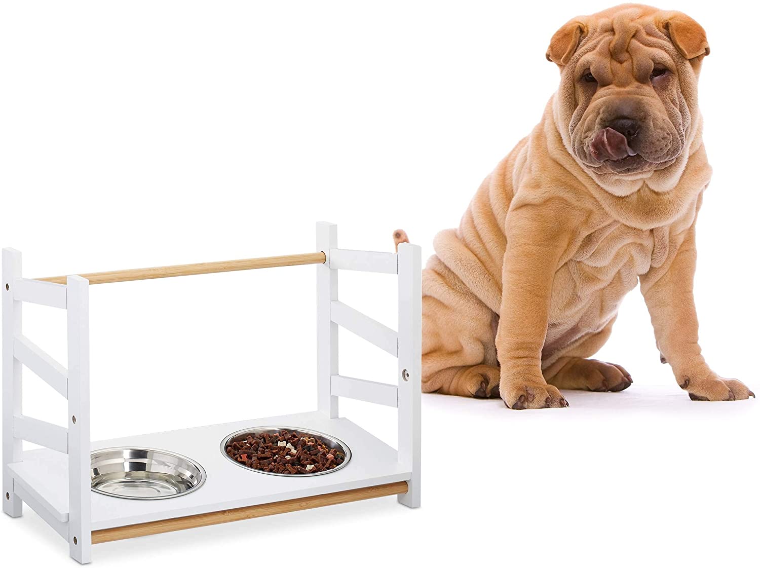 Relaxdays Ρυθμιζόμενη Ξύλινη Βάση με 2 Μπολ 1000ml από Ανοξείδωτο Ατσάλι - Large - 4052025923662