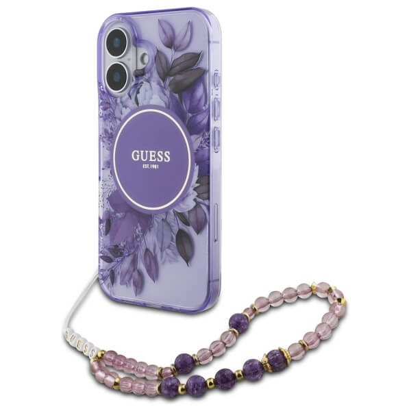 Guess iPhone 16 Plus - IML Flowers With Pearl Strap MagSafe - Σκληρή Θήκη με Πλαίσιο Σιλικόνης και Λουράκι - Purple - GUHMP16MHFWBRCESU