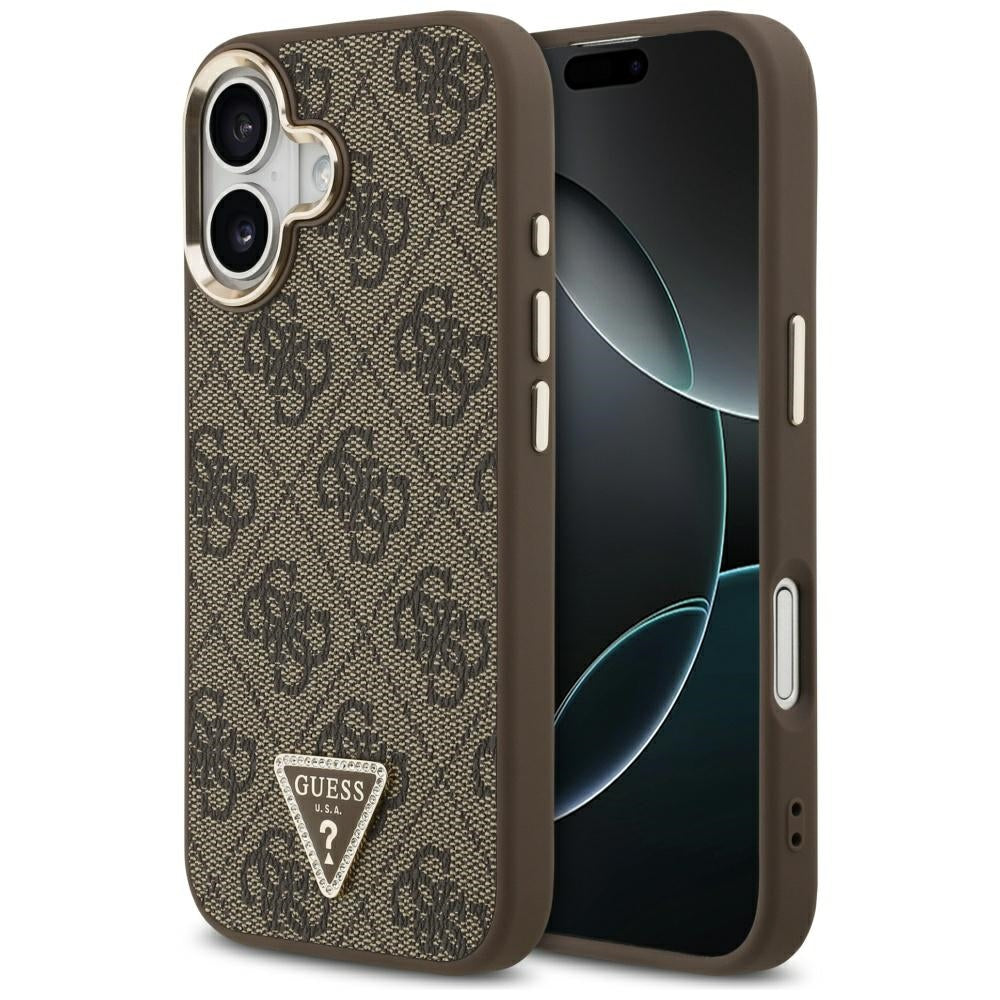 Guess iPhone 17 - 4G Triangle Strass Logo MagSafe - Σκληρή Θήκη με Επένδυση Συνθετικού Δέρματος - Brown / Gold - GUHMP17SP4GTDGMW