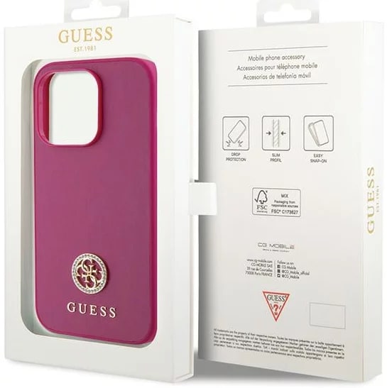Guess iPhone 15 Pro Max 4G Strass Metal Logo Θήκη με Επένδυση Συνθετικού Δέρματος - Pink - GUHCP15XPS4DGPP