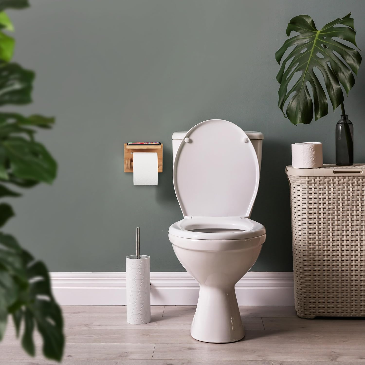 Relaxdays Επιτοίχια Βάση Ρολού Τουαλέτας από Μπαμπού με Ράφι - Natural - 4052025462819