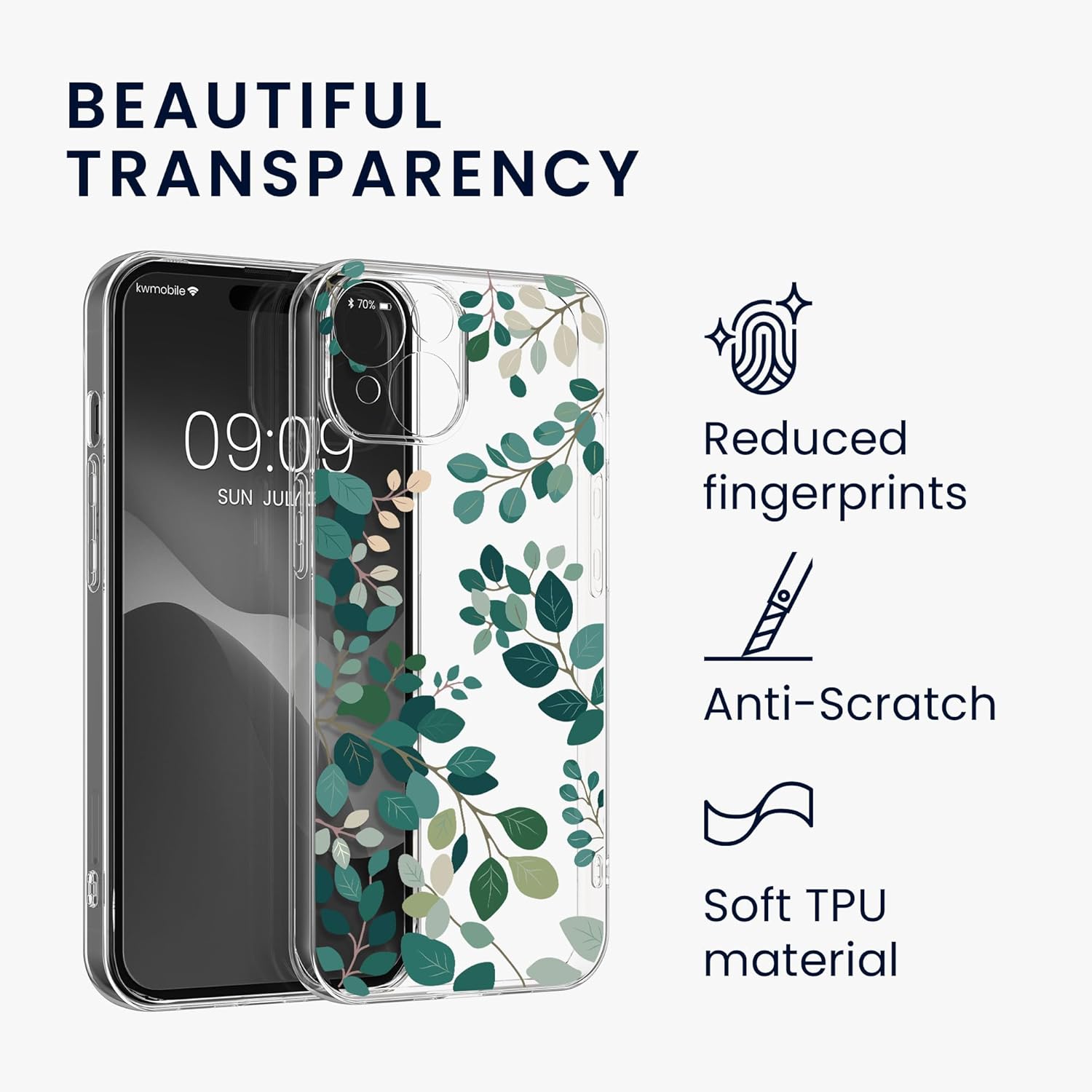 KW iPhone 15 Θήκη Σιλικόνης TPU με Αντιχαρακτικό Γυαλί - Design Spring Leaves - Green / Διάφανη