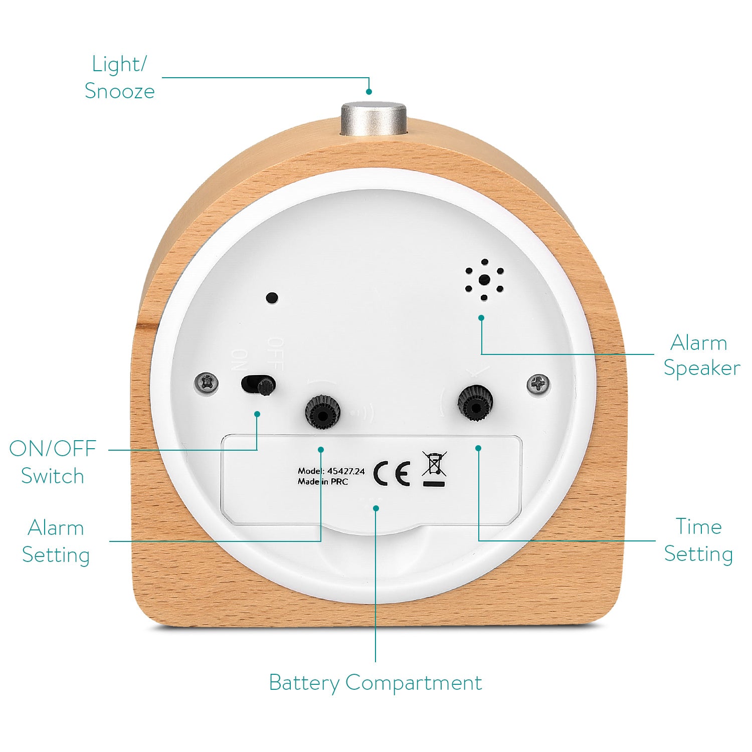 Navaris Analogue Wood Alarm Clock Design Half Round - Αναλογικό Επιτραπέζιο Ρολόι και Ξυπνητήρι - Light Brown - 45427.24
