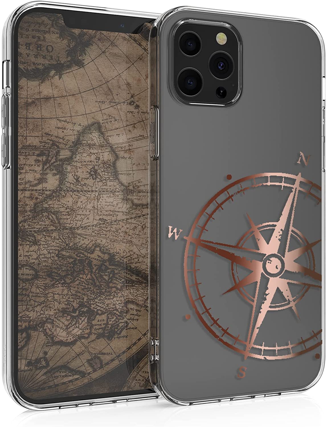 KW iPhone 12 / iPhone 12 Pro Θήκη Σιλικόνης TPU Design Vintage Navigational Compass - Διάφανη / Rose Gold - 53035.13