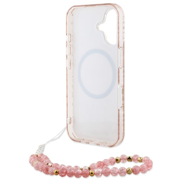 Guess iPhone 16 - IML Flowers Allover Electro With Pearl Strap MagSafe - Σκληρή Θήκη με Πλαίσιο Σιλικόνης και Λουράκι - White / Pink - GUHMP16SHCPOFPP