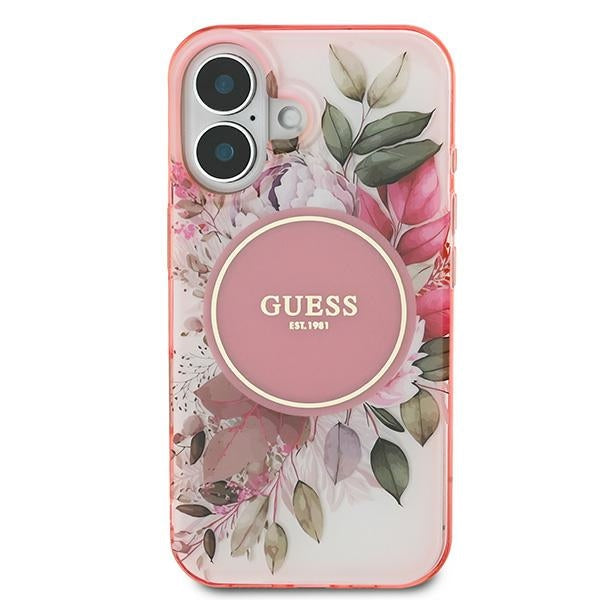 Guess iPhone 16 - IML Flower and Tonal Circle - MagSafe Σκληρή Θήκη με Πλαίσιο Σιλικόνης - Pink - GUHMP16SHFWBDCEP