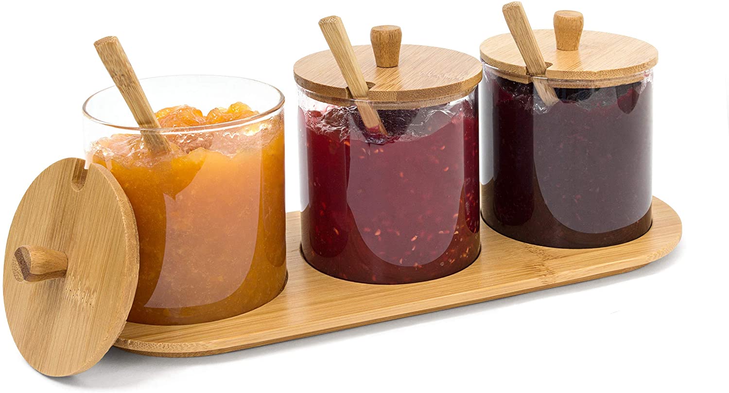 Relaxdays Σετ με 3 Γυάλινα Βάζα Αποθήκευσης JIAO με Βάση και Καπάκια από Μπαμπού - Natural - 4052025191351