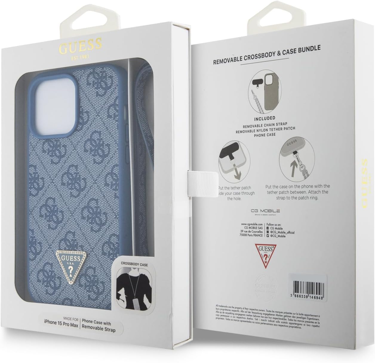 Guess iPhone 15 Pro Max - Crossbody 4G Metal Logo Θήκη με Επένδυση Συνθετικού Δέρματος και Λουράκι - Blue - GUHCP15XP4TDSCPB