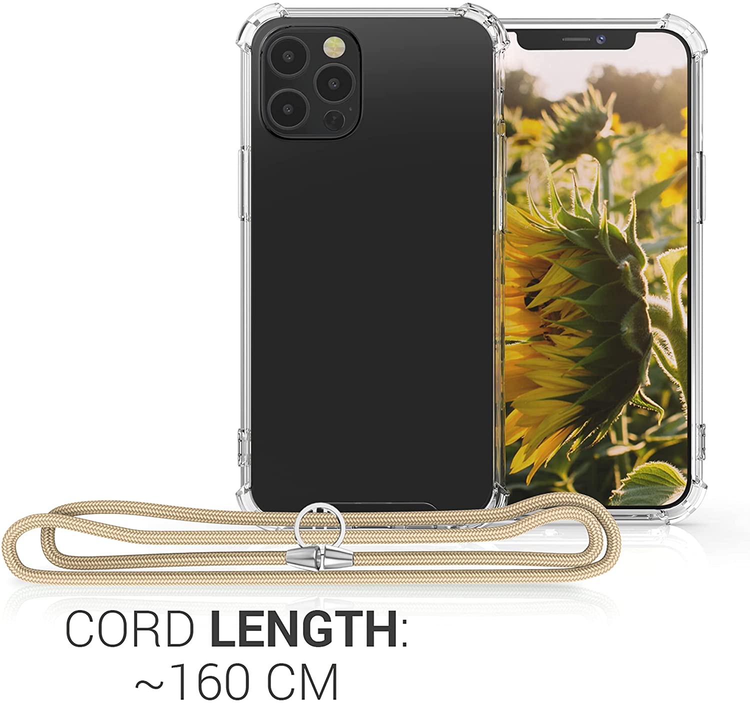 KW iPhone 12 / iPhone 12 Pro Θήκη Σιλικόνης TPU με Λουράκι - Διάφανη - Gold - 52730.21