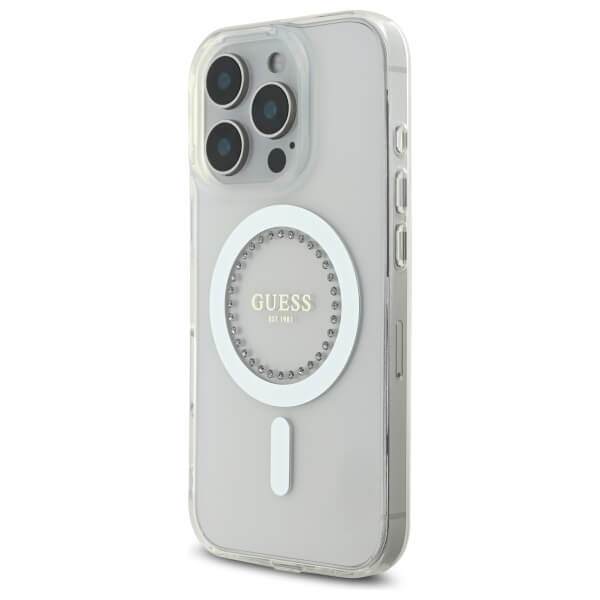 Guess iPhone 16 Pro Max - IML Rhinestones - MagSafe Σκληρή Θήκη με Πλαίσιο Σιλικόνης - White - GUHMP16XPFTDTEH