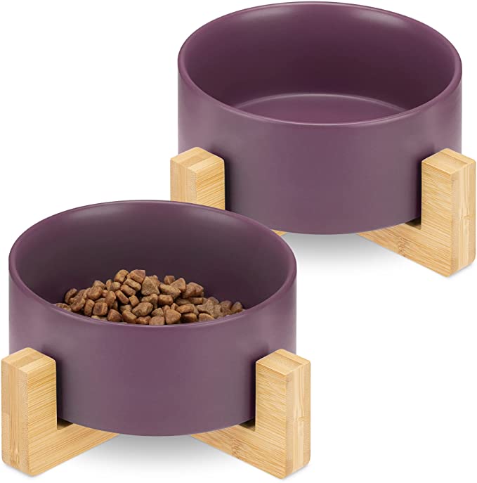 Navaris Cat Bowls with Wood Stands - Σετ με 2 Μπολ Φαγητού και Νερού με Βάση από Μπαμπού για Κατοικίδια - 850ml - Matte Purple / Brown - 48350.55