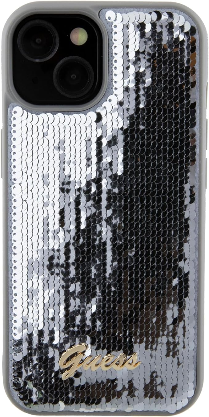 Guess iPhone 15 - Sequin Script Metal Σκληρή Θήκη με Επένδυση από Παγέτες - Silver - GUHCP15SPSFDGSS