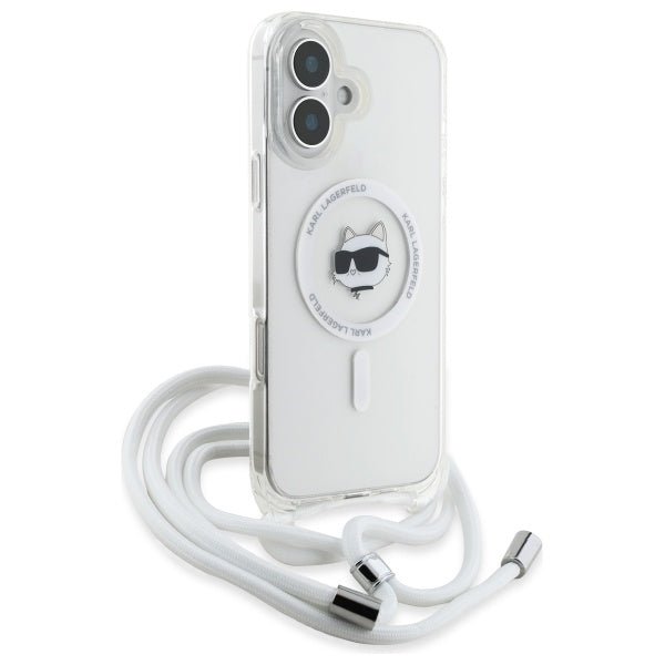 Karl Lagerfeld iPhone 16 - IML Choupette Head and Cord - MagSafe Σκληρή Θήκη με Πλαίσιο Σιλικόνης και Λουράκι - Διάφανη - KLHMP16SHCCHNT