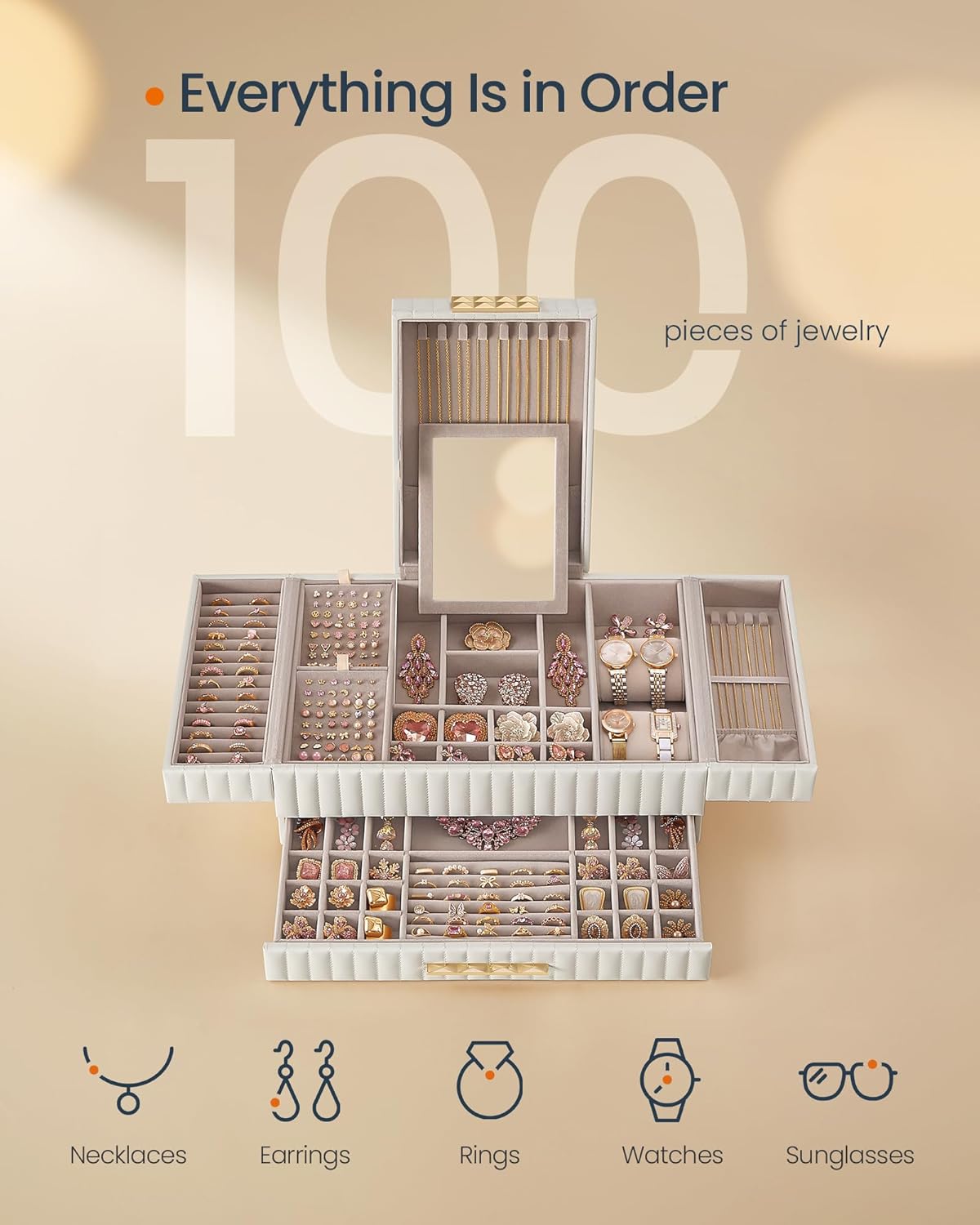 Songmics Κουτί Αποθήκευσης Κοσμημάτων με Αποσπώμενο Καθρέπτη - Cloud White - JBC184W01