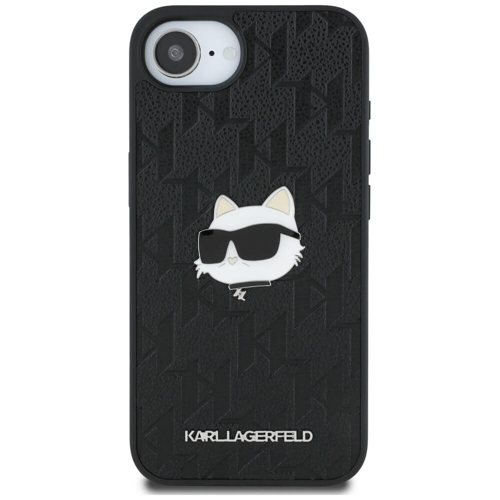 Karl Lagerfeld iPhone 16e - Monogram Choupette Head Pin Σκληρή Θήκη με Επένδυση Συνθετικού Δέρματος - Black - KLHCPSE4PGKLCHPK