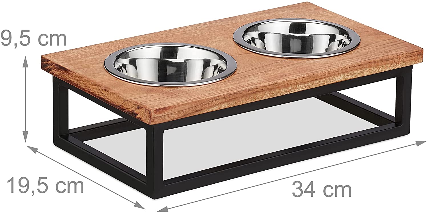 Relaxdays Ξύλινη Βάση από Ακακία με 2 Μπολ από Ανοξείδωτο Ατσάλι για Κατοικίδια - 300 ml - Natural / Black - 4052025373825