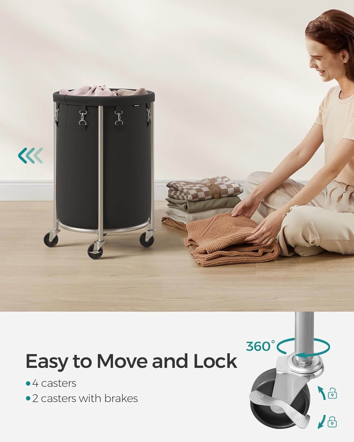 Songmics Τροχήλατο Καλάθι Απλύτων με Ατσάλινο Σκελετό και Αποσπώμενη Θήκη Ρούχων - 70L - Black / Silver - RLS006B01