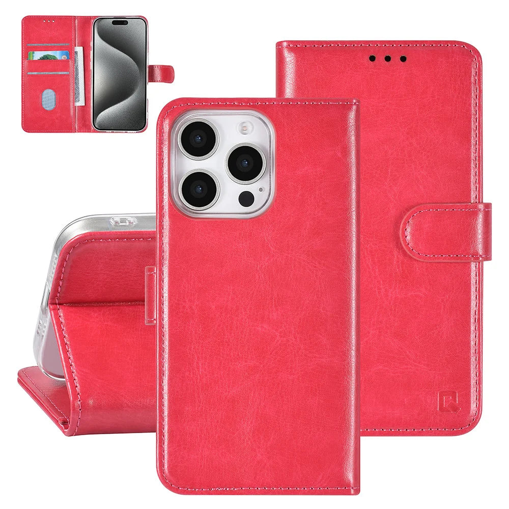 Tuniq iPhone 16 Pro - Θήκη Πορτοφόλι Stand από Δερματίνη - Hot Pink