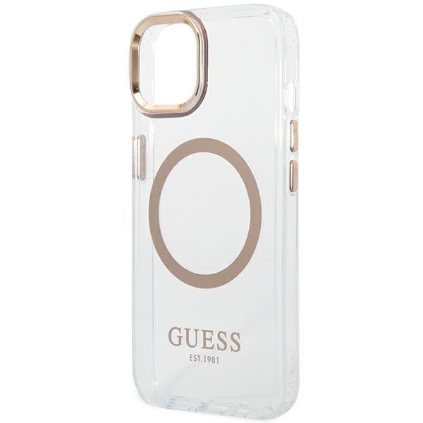 Guess iPhone 14 Plus Metal Outline MagSafe Σκληρή Θήκη με Πλαίσιο Σιλικόνης και MagSafe - Gold / Clear - GUHMP14MHTRMD