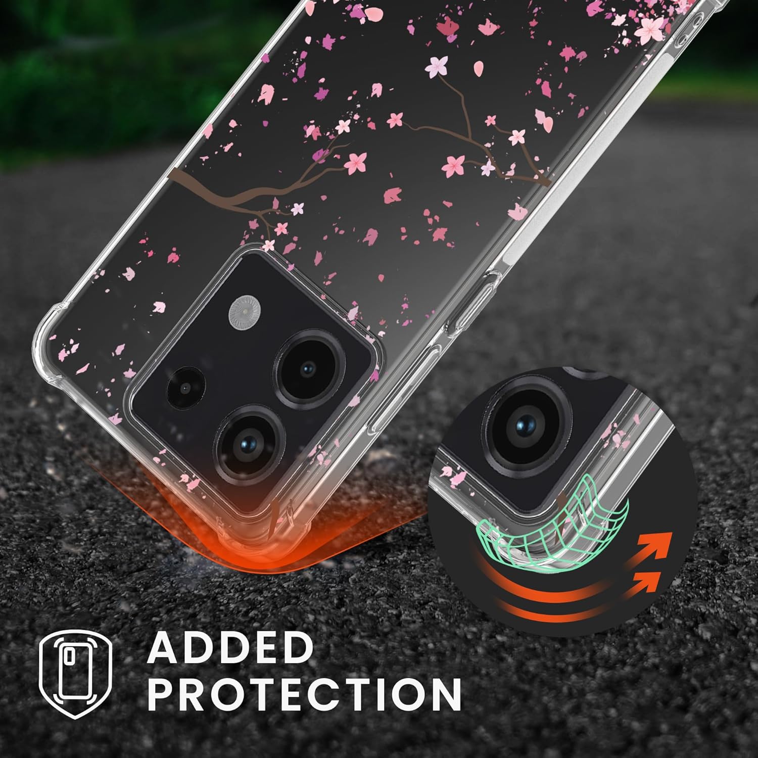 KW Xiaomi Redmi Note 13 4G Θήκη Σιλικόνης TPU με Λουράκι - Design Cherry Blossom Leaves - Pink / Dark Brown / Διάφανη