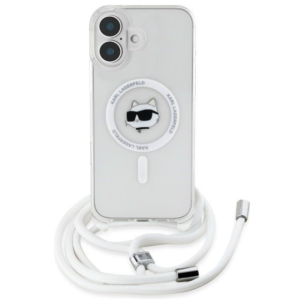 Karl Lagerfeld iPhone 16 - IML Choupette Head and Cord - MagSafe Σκληρή Θήκη με Πλαίσιο Σιλικόνης και Λουράκι - Διάφανη - KLHMP16SHCCHNT