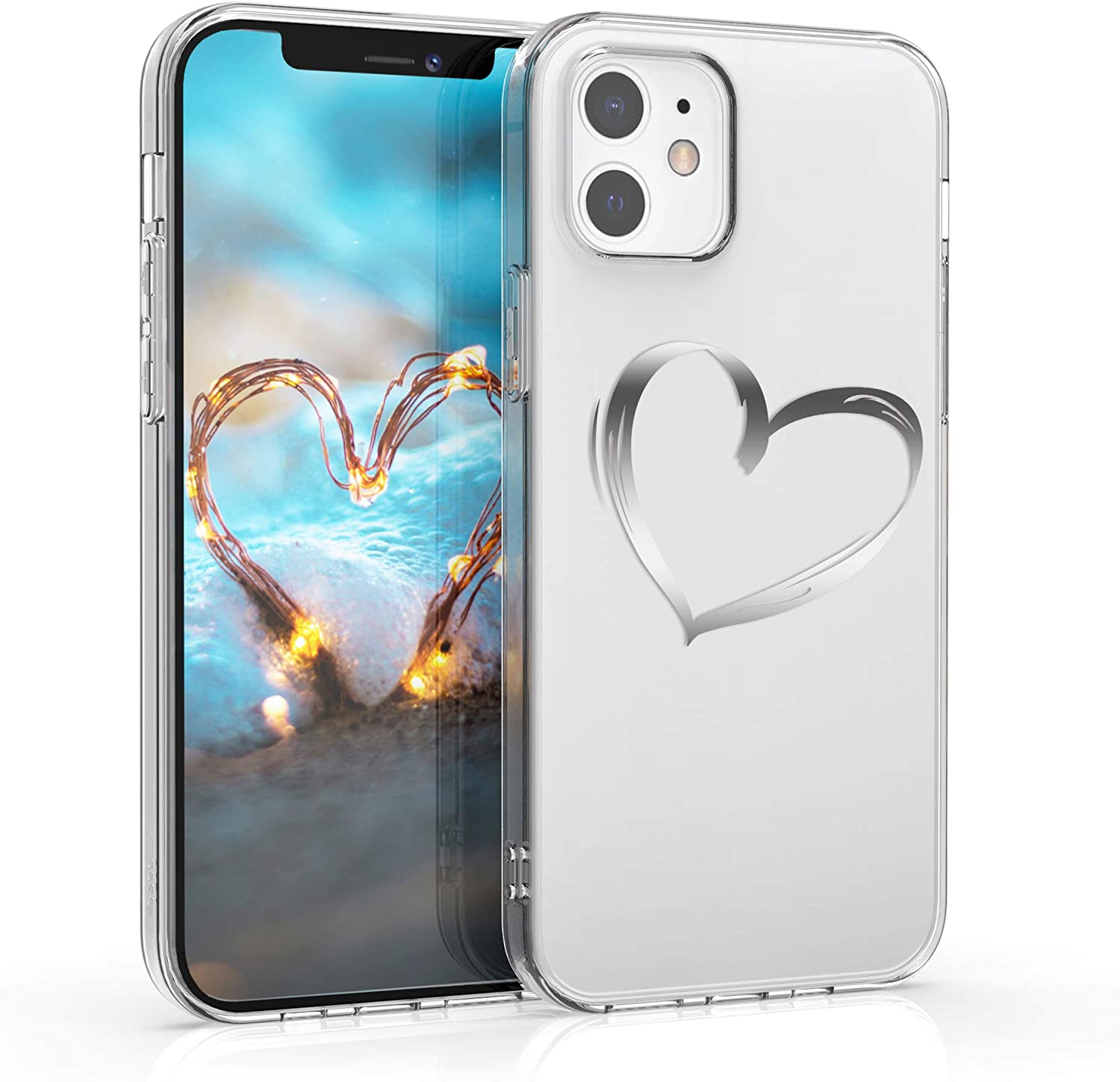 KW iPhone 12 / iPhone 12 Pro Θήκη Σιλικόνης TPU Design Brushed Heart - Διάφανη / Silver - 53035.09