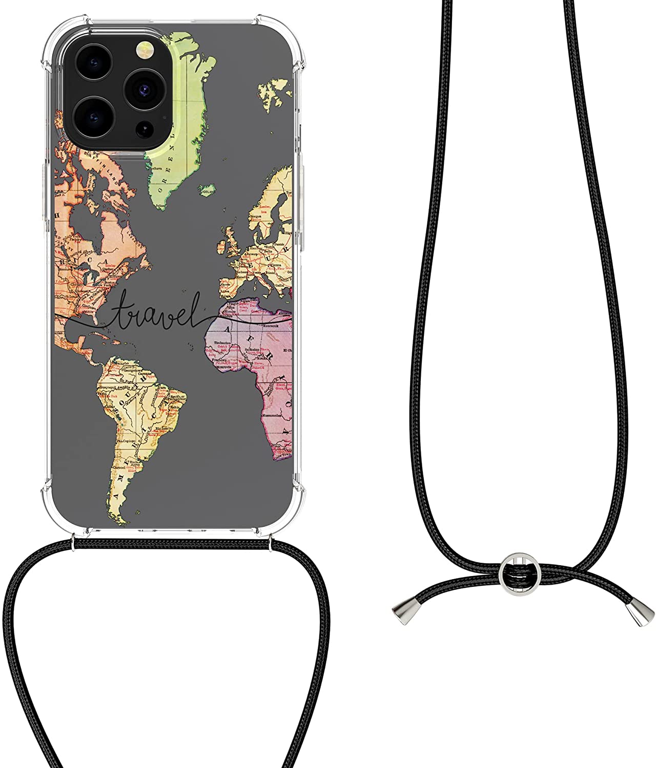 KW iPhone 13 Pro Max Θήκη Σιλικόνης TPU με Λουράκι Design Travel - Διάφανη / Black / Multicolor - 55978.01