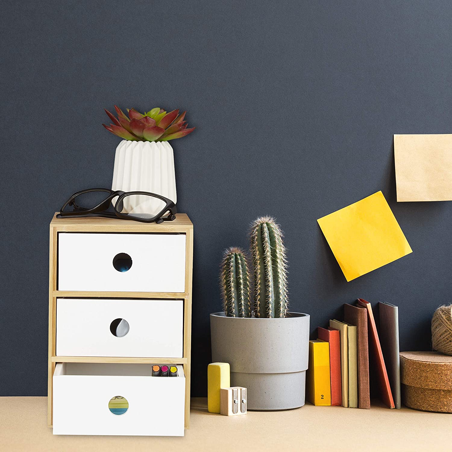 Relaxdays Ξύλινη Βάση Οργάνωσης Γραφείου με 3 Συρτάρια από Bamboo - White / Natural - 4052025902070