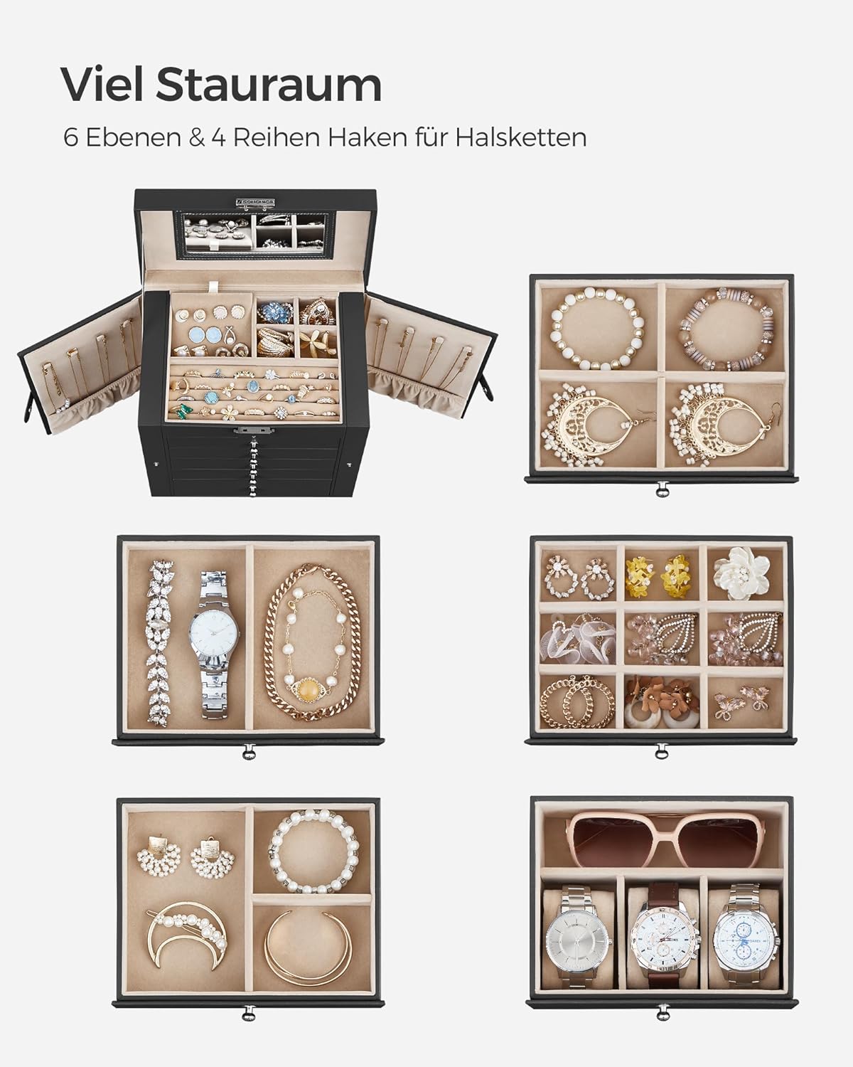 Songmics Φορητό Κουτί Αποθήκευσης Κοσμημάτων 6 Επιπέδων με Καθρέπτη - Black - JBC152B01