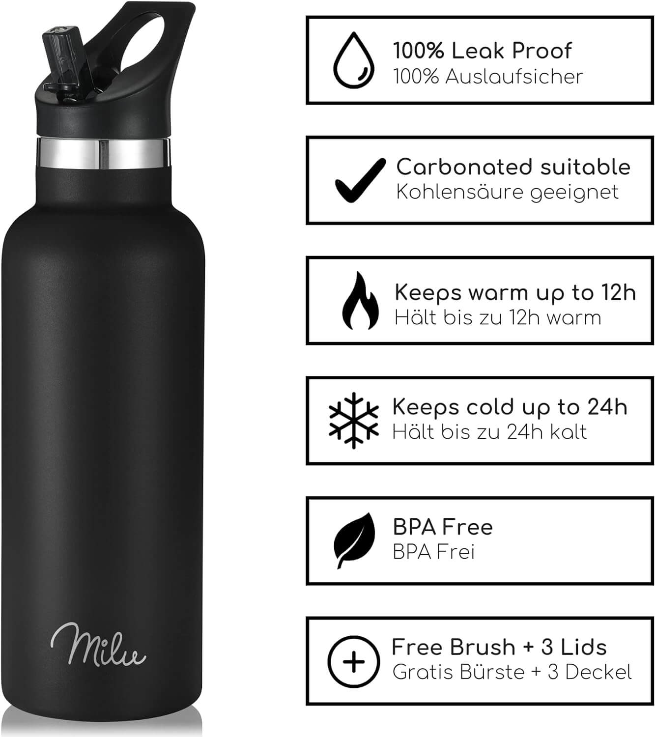 Milu T6 Μπουκάλι Θερμός από Ανοξείδωτο Ατσάλι 3 σε 1 - 500ml - Black Matt - 5001