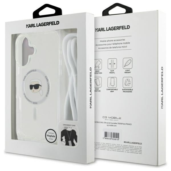 Karl Lagerfeld iPhone 16 - Crossbody IML Karl Head - MagSafe Σκληρή Θήκη με Πλαίσιο Σιλικόνης και Λουράκι - Διάφανη - KLHMP16SHCKHNT