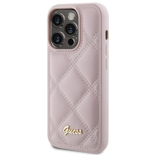Guess iPhone 15 Pro Max - Quilted Metal Logo Θήκη με Επένδυση Συνθετικού Δέρματος - Pink - GUHCP15XPSQSQSP