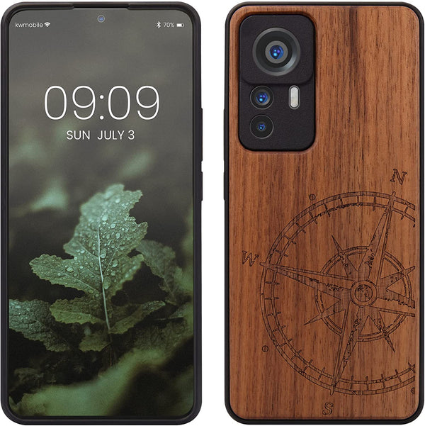 KW Xiaomi 12T / 12T Pro Θήκη από Φυσικό Ξύλο - Design Navigational Compass - Dark Brown - 60150.01