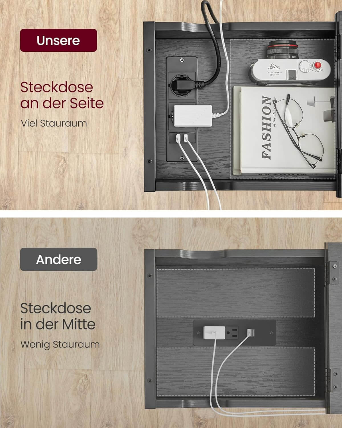 Vasagle Βοηθητικό Τραπεζάκι / Κομοδίνο με Ενσωματωμένο Πολύπριζο με 2 θύρες USB και Υφασμάτινη Τσάντα Οργάνωσης - Black - LET311B56