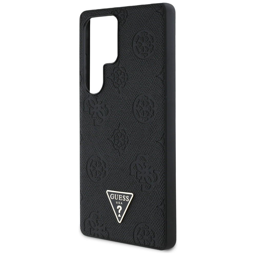 Guess Samsung Galaxy S25 Ultra - Grained Hot Stamp Peony Pattern Triangle Logo - MagSafe Σκληρή Θήκη με Πλαίσιο Σιλικόνης και Συνθετικό Δέρμα - Black - GUHMS25LPGBTMK