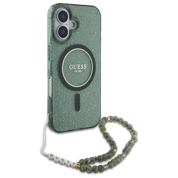 Guess iPhone 16 - IML Glitter With Pearl Strap MagSafe - Σκληρή Θήκη με Πλαίσιο Σιλικόνης και Λουράκι - Green - GUHMP16SHGCRELSA