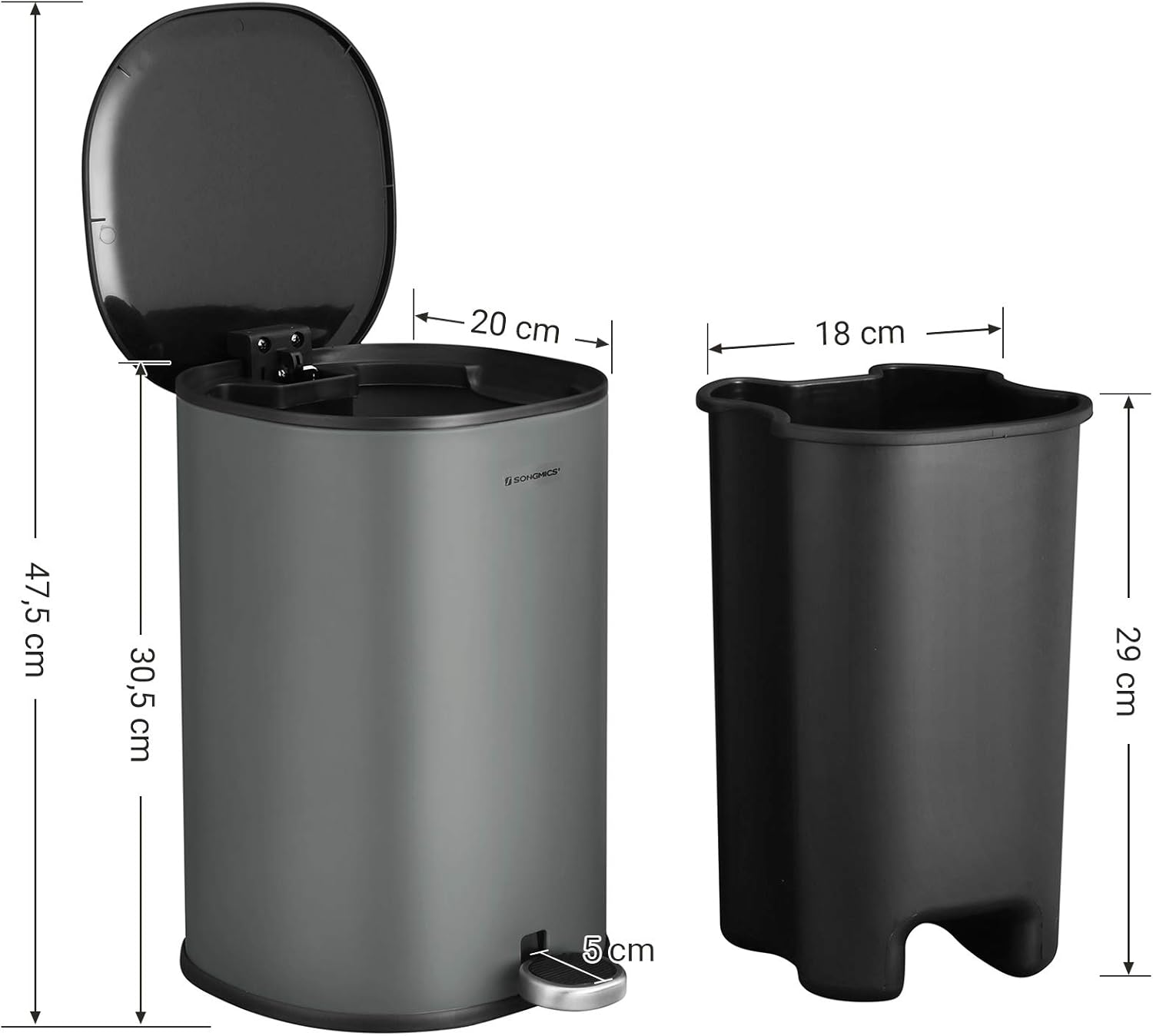 Songmics Κάδος Απορριμμάτων για το Μπάνιο - 5L - Grey / Black - LTB14GS