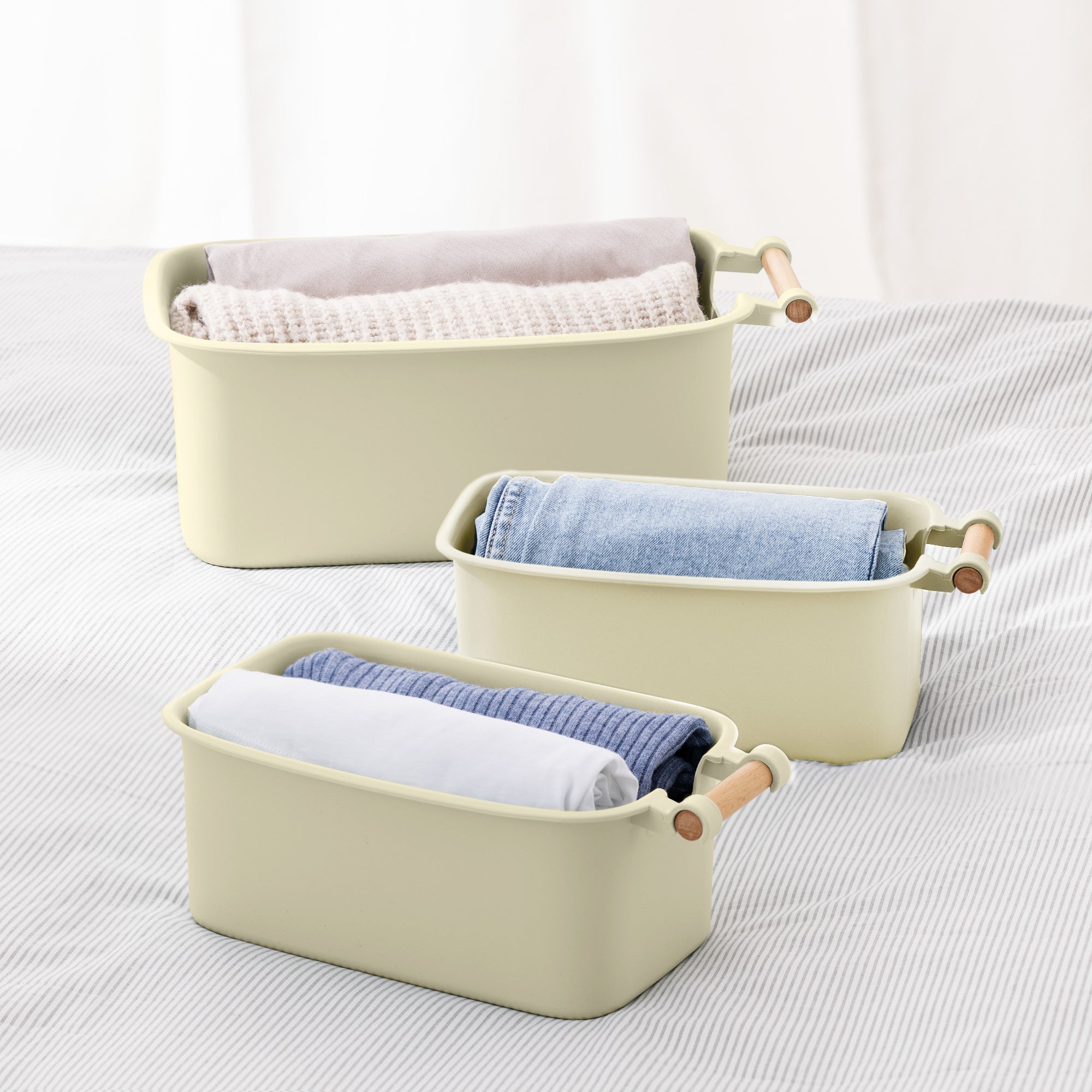 Navaris Σετ με 4 Πλαστικά Δοχεία Αποθήκευσης με Ξύλινη Λαβή - Cream - 56126.02 - likebrands.gr