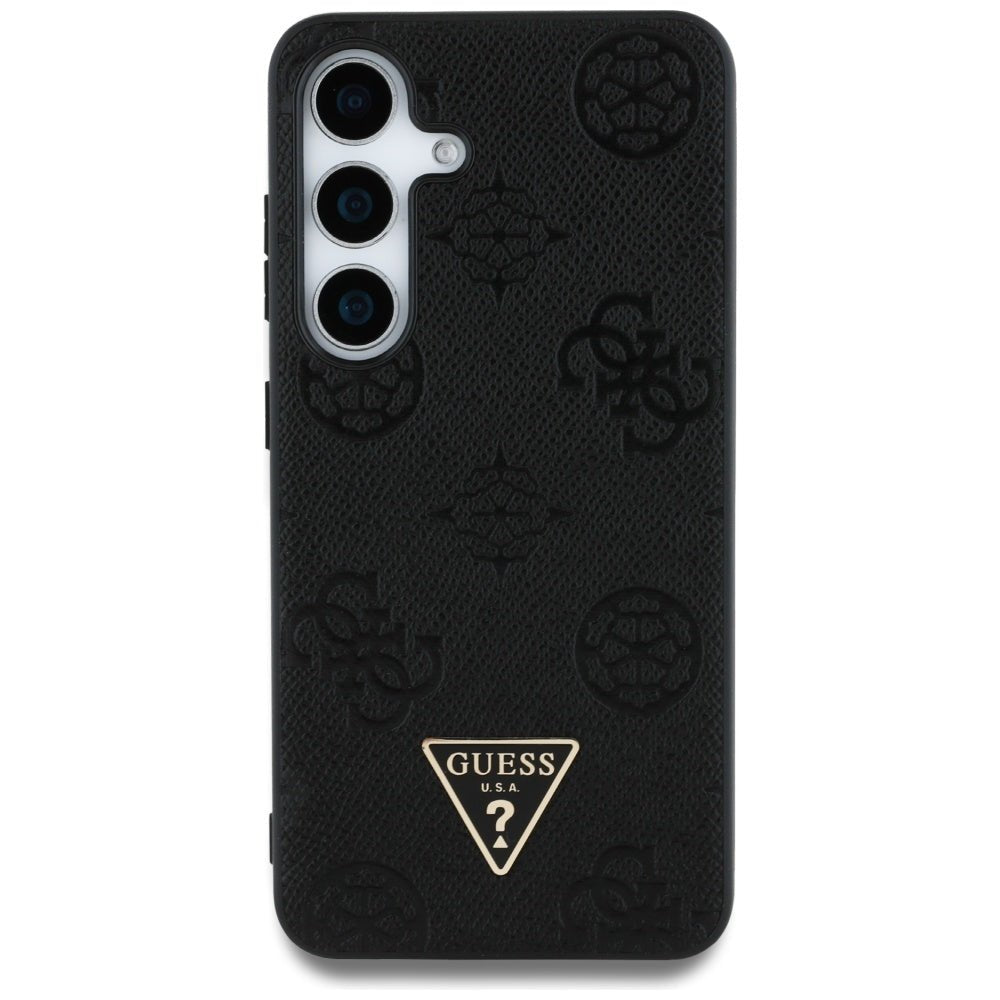 Guess Samsung Galaxy S25 - Grained Hot Stamp Peony Pattern Triangle Logo - MagSafe Σκληρή Θήκη με Πλαίσιο Σιλικόνης και Συνθετικό Δέρμα - Black - GUHMS25SPGBTMK