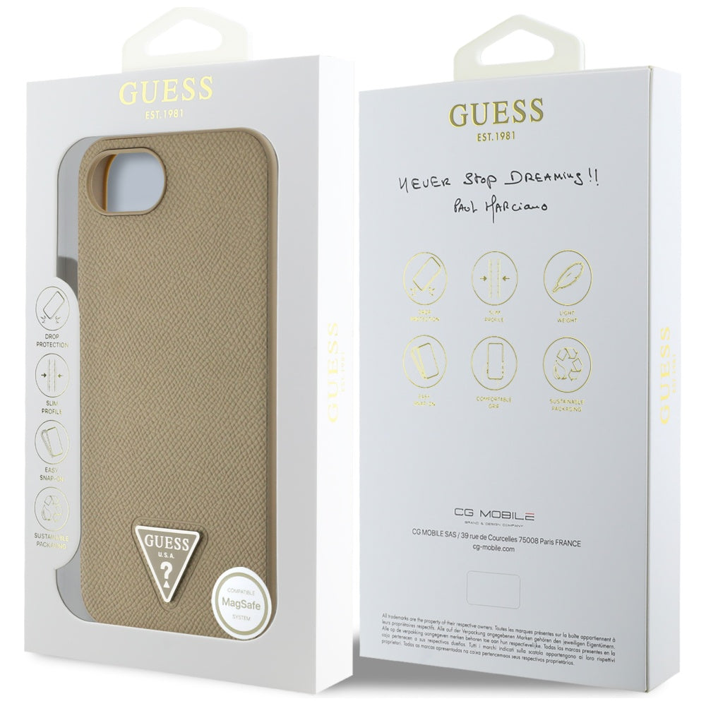 Guess iPhone 16e - Grained Triangle MagSafe - Σκληρή Θήκη με Επένδυση Συνθετικού Δέρματος και Πλαίσιο Σιλικόνης - Brown - GUHMPSE4PGTSPSW