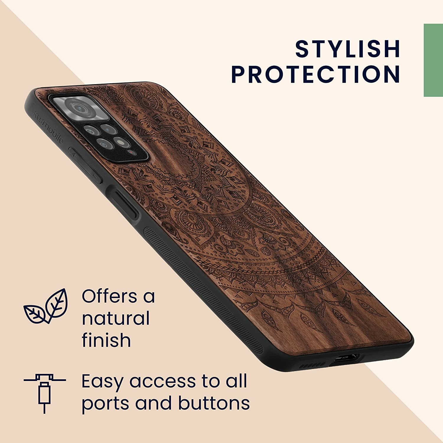 KW Xiaomi Redmi Note 11 Pro / Note 11 Pro 5G Θήκη από Φυσικό Ξύλο - Design Indian Sun - Dark Brown - 57381.07